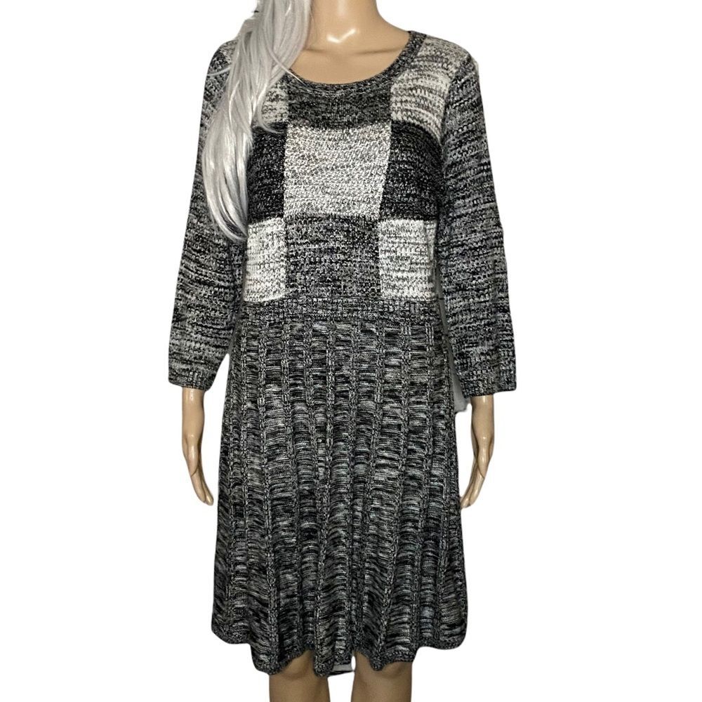Calvin Klein Gray Check Pleated Sweater Dress 3/4 Sleeves Size Large